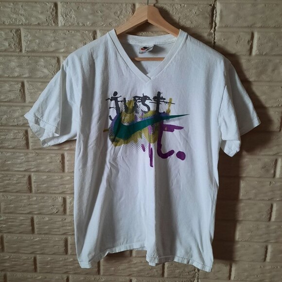 Vtg 90s Nike Shirt Mens Large‎ White V-Neck Center Swoosh Made In USA Just Do It - Picture 2 of 8